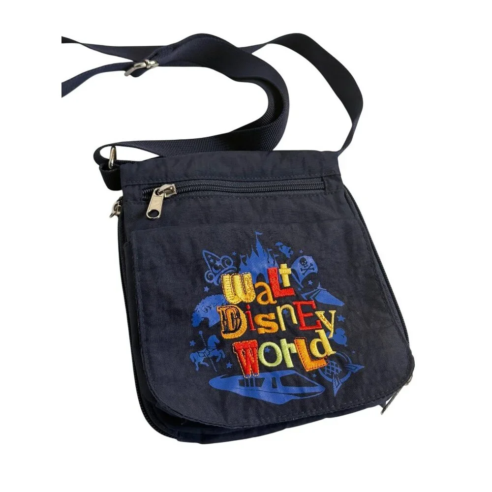 Walt Disney World Messenger Bag Navy Blue VTG Embroidered Crossbody Travel Pouch